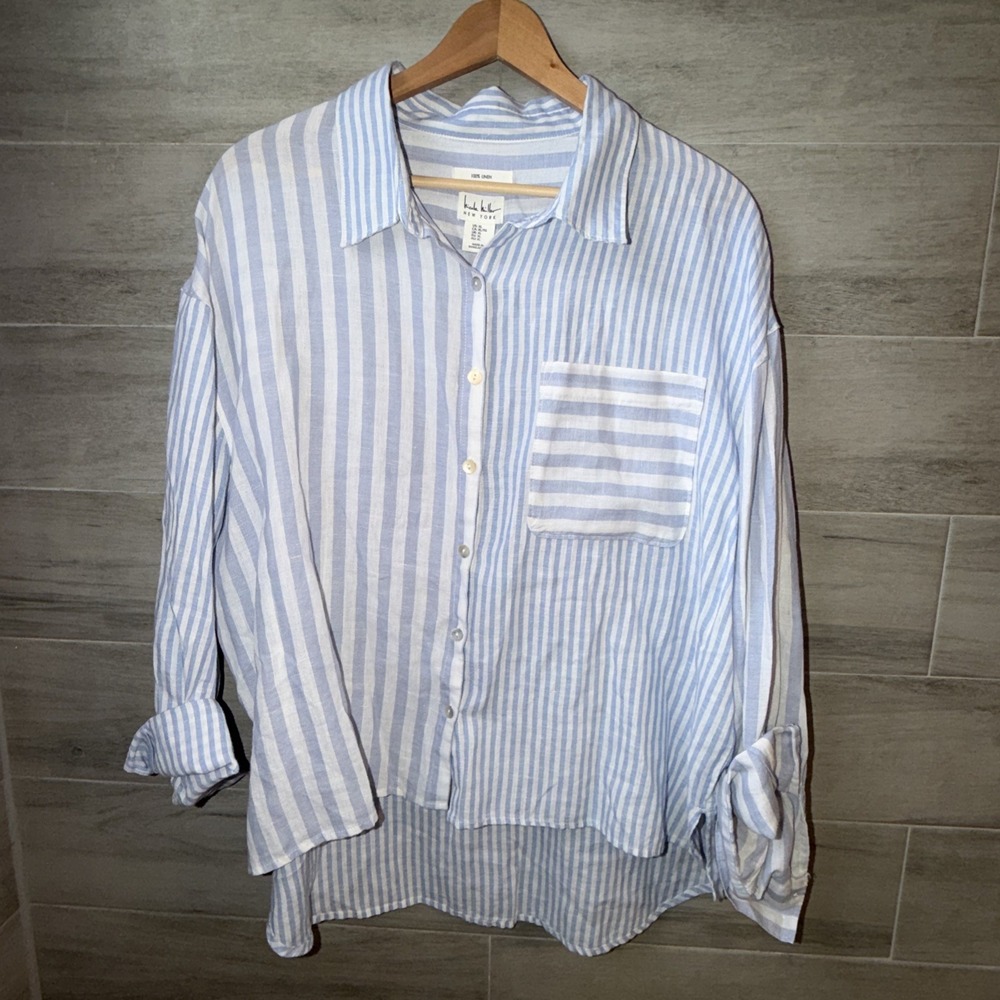 Nicole Miller 100% Linen Striped Button Down XL Shirt High Low Blue White NWT